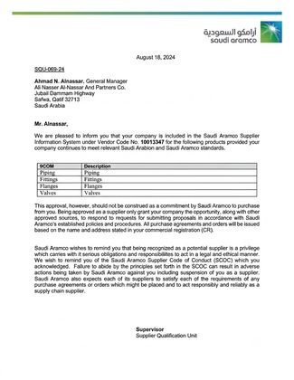 Saudi Aramco approved stockist letter